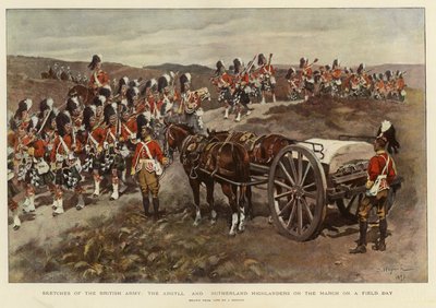 Sketches of the British Army, the Argyll and Sutherland Highlanders on the March on a Field Day by English School