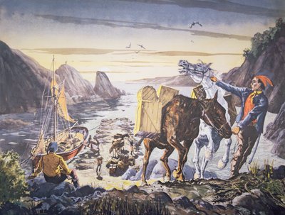 Smugglers loading contraband on their ponies for the journey inland by English School