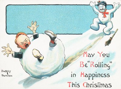 Snowman pushing boy inside a snowball down a hill by English School
