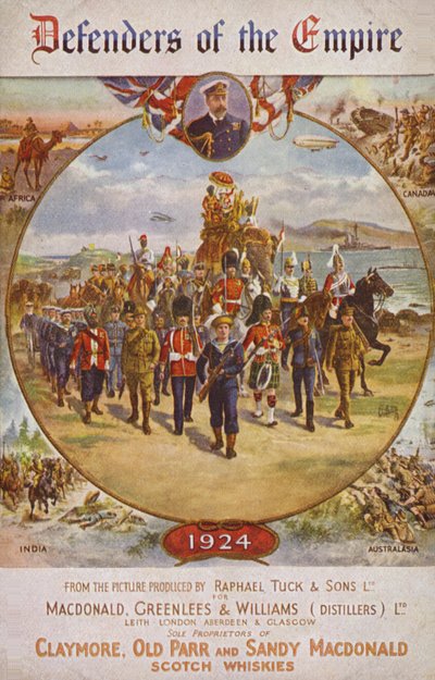 Soldiers from the British Empire and King George V (colour litho) by English School