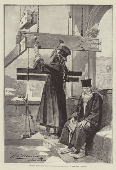Sounding the Wooden Bells for Easter at the Convent of Mar Saba, Palestine by English School