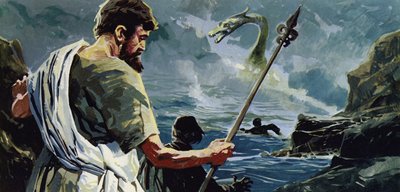 St Columba came to Loch Ness and saw a man who had been injured by a great aquatic monster by English School