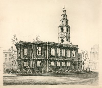 St Mary-Le-Strand, London, pencil sketch dated 1942 by English School