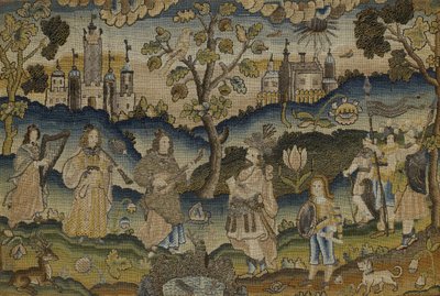 Stumpwork with Scene of Five Musicians in Garden with Tree, mid 17th century (fabric) by English School