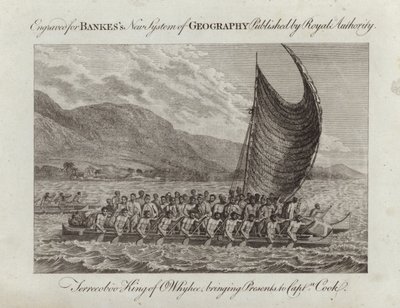 Terreeoboo King of Whyhee, bringing presents to Captain Cook by English School