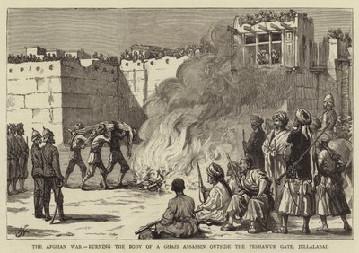 The Afghan War, burning the Body of a Ghazi Assassin outside the Peshawur Gate, Jellalabad by English School