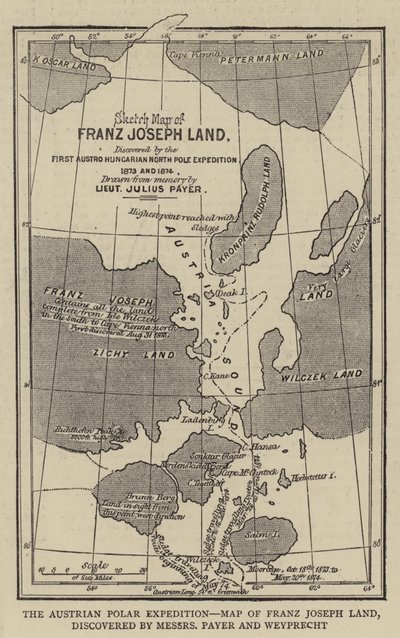 The Austrian Polar Expedition, Map of Franz Joseph Land, discovered by Messers Payer and Weyprecht (engraving) by English School