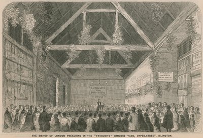 The Bishop of London preaching in the favourite omnibus yard, Upper Street, Islington by English School