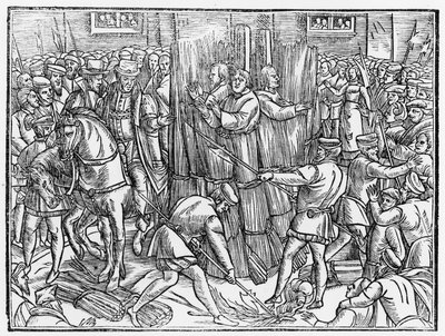 The Death and Burning of the Most Constant Martyrs of Christ, Doctor Robert Barns, Thomas Garret and William Hierome, in Smithfield in 1541 by English School