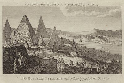 The Egyptian Pyramids with a view of part of the Nile by English School