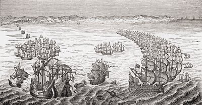 The English Fleet, commanded by Sir Francis Drake, attacking the Spanish Armada in 1588, from 