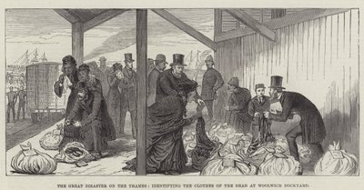 The Great Disaster on the Thames, identifying the Clothes of the Dead at Woolwich Dockyard by English School