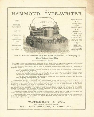 The Hammond Type-Writer from Wetherby & Co, High Holborn, London by English School