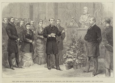 The Lord Mayor presenting a Bust to Alderman Sir F Truscott, for the City of London Art Society by English School