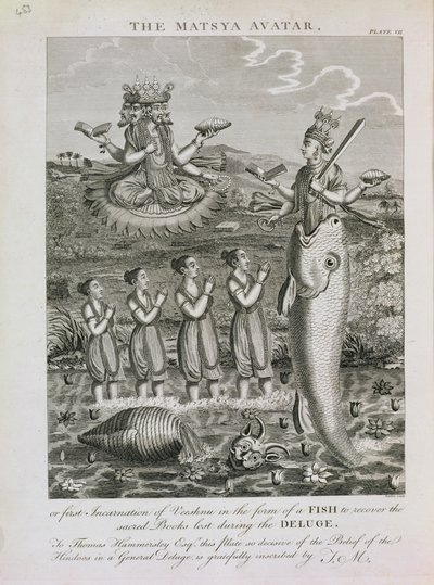 The Matsya Avatar, or the First Incarnation of Vishnu in the Form of a Fish to Recover the Sacred Books Lost During the Deluge, Engraved by Barlow by English School