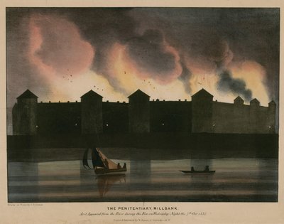 The Penitentiary, Millbank, London, as it appeared from the river during the fire on the night of 7 October 1835 by English School
