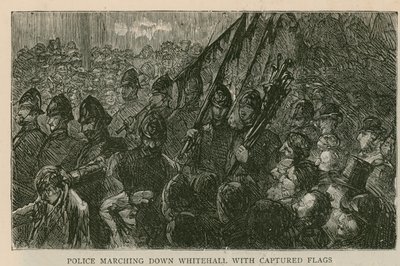The Riot in Trafalgar Square: Police Marching Down Whitehall with Captured Flags by English School