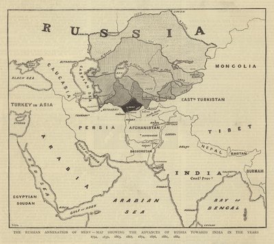 The Russian Annexation of Merv, Map showing the Advances of Russia towards India in the Years 1734, 1836, 1863, 1867, 1874, 1876, 1881, 1884 by English School