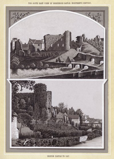 The South East View of Brecknock Castle, Eighteenth Century; Brecon Castle Today by English School
