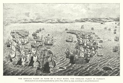The Spanish fleet in form of a half moon, the English fleet in pursuit by English School