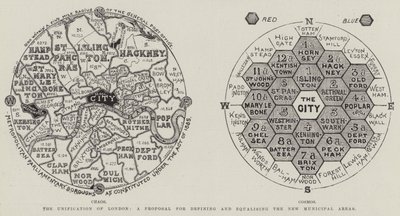 The Unification of London, a Proposal for Defining and Equalising the New Municipal Areas (engraving) by English School