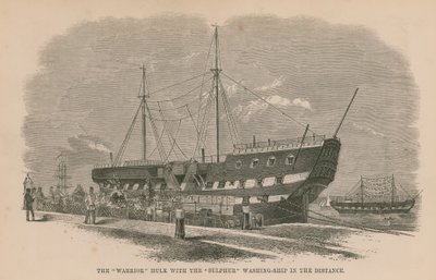 The Warrior hulk with the Sulphur washing ship in the distance by English School