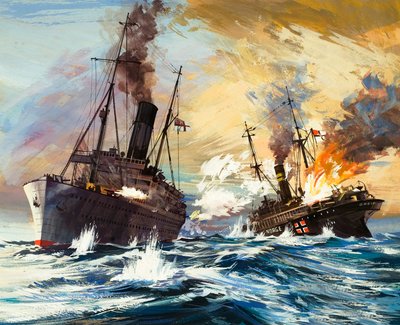 The Battle Between the British Alcantara and German Grail in World War I by English School