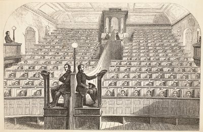 The chapel, on the separate system, in Pentonville Prison, during divine service, illustration from The Criminal Prisons of London and Scenes from Prison Life by Henry Mayhew and John Binny, pub. 1862 by English School