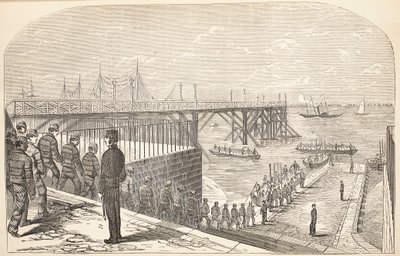 The convicts returning to the hulks from their labour in the Arsenal, illustration from The Criminal Prisons of London and Scenes from Prison Life by Henry Mayhew and John Binny, pub. 1862 by English School
