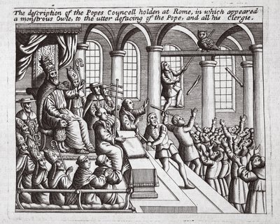 The description of the Popes Council held at Rome, in which appeared a monstrous Owl, to the utter defacing of the Pope, and all his clergy, illustration from Acts and Monuments by John Foxe, ninth edition by English School