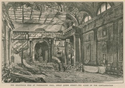 The Disastrous Fire at Freemasons Hall, Great Queen Street, London by English School