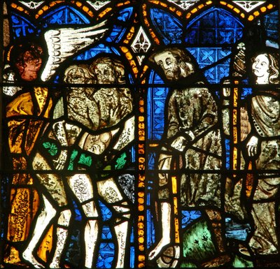 The east window depicting Adam and Eve expelled from Eden by English School