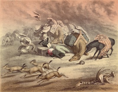 The great African desert, caravan of camels, horses and asses, overtaken by the Simoom, frightened gazelles by English School