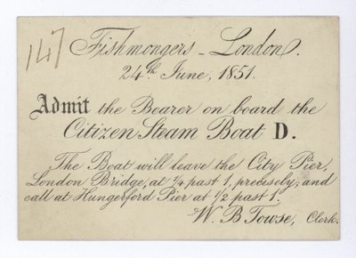 Ticket for London fishmongers to take a boat trip on the Citizen Steam Boat, 24 June 1851 by English School