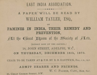 Ticket for a lecture by William Tayler of the East India Association by English School