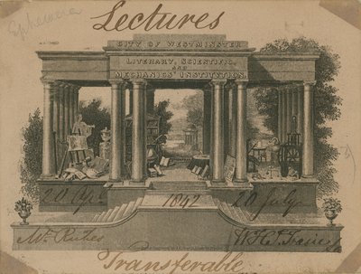 Ticket for lectures at the City of Westminster Literary, Scientific and Mechanics Institution by English School