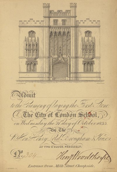 Ticket for the Laying of the First Stone of the City of London School, 21 October 1835 by English School