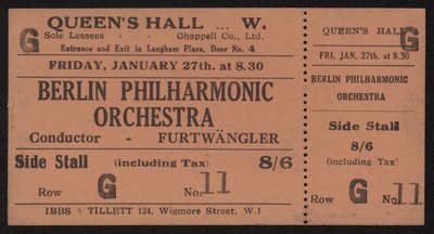 Ticket to a concert by the Berlin Philharmonic Orchestra, Queens Hall, London Friday, January 27th, 1928 by English School