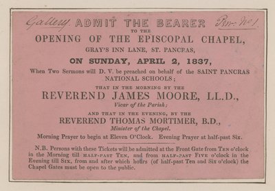 Ticket to the Opening of the Episcopal Chapel by English School