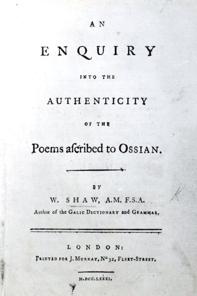 Title Page for An enquiry into the authenticity of the poems ascribed to Ossian by William Shaw, published 1781 by English School