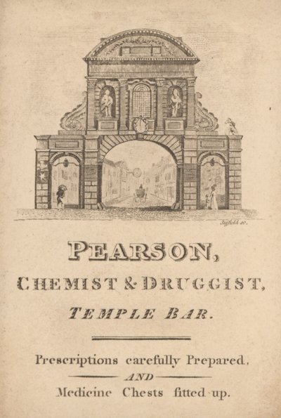 Trade card for Pearson, chemist and druggist, Temple Bar, London by English School