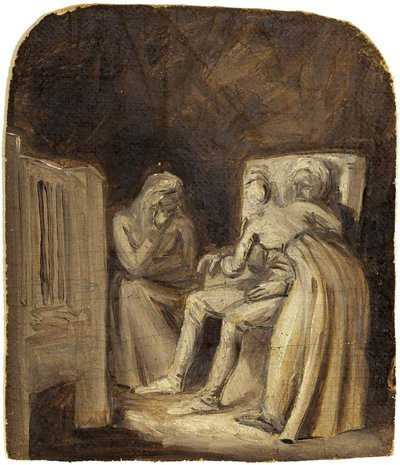 Two Female Figures Attending to a Male Figure in an Interior by English School