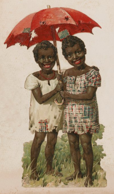 Two poor black children sheltering beneath a tattered umbrella by English School