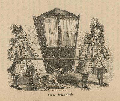 Two uniformed men carrying a Sedan Chair by English School