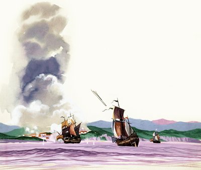 Unidentified battle with sailing ships firing at shore and fire being returned by English School