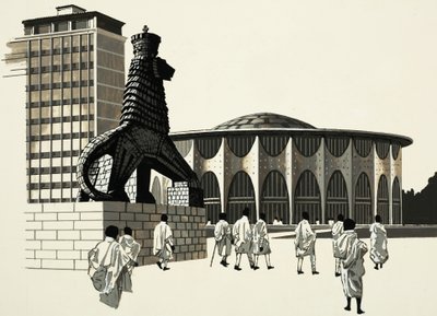 Unidentified City Scene with Strange Statue by English School
