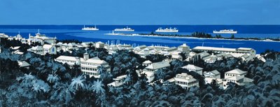 Unidentified coastline with village and boats on horizon by English School