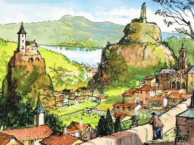 Unidentified countryside scene with church on rock opposite statue on hill by English School