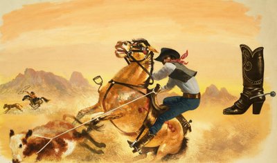 Unidentified cowboy roping cattle by English School