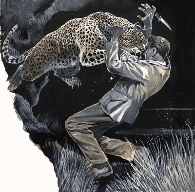 Unidentified man being attacked by a leopard by English School